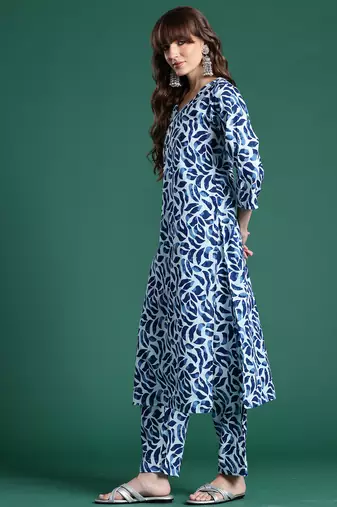 Blue printed pure cotton kurta trouser set