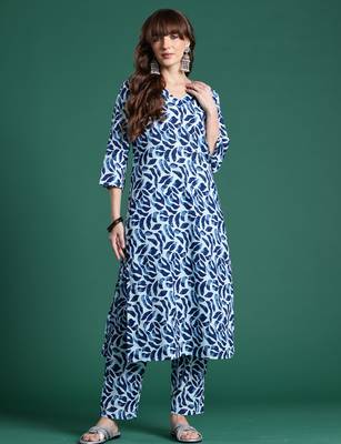 Blue printed pure cotton kurta trouser set 1