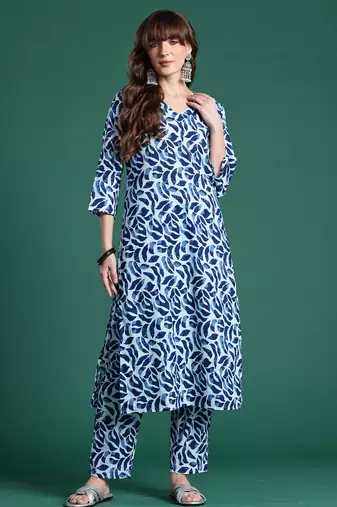 Blue printed pure cotton kurta trouser set
