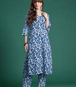 Blue printed pure cotton kurta trouser set