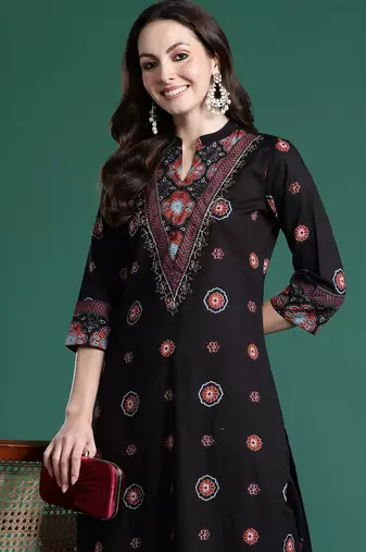 Black printed pure cotton kurta trouser set