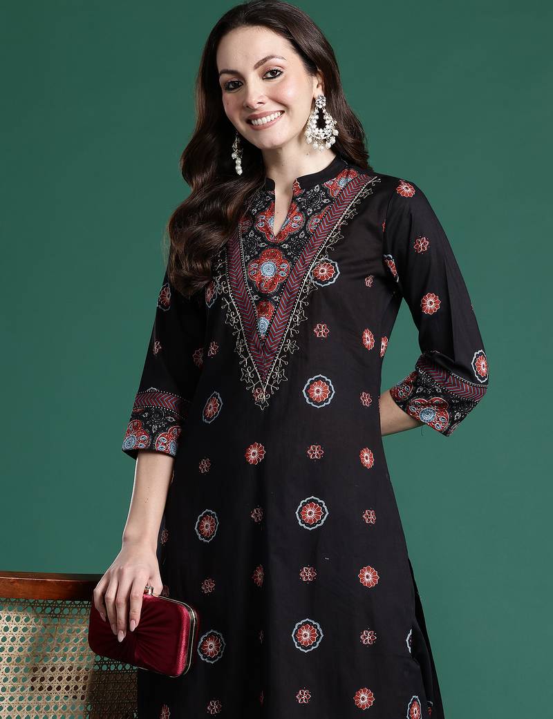 Black printed pure cotton kurta trouser set