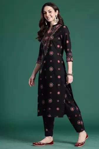 Black printed pure cotton kurta trouser set