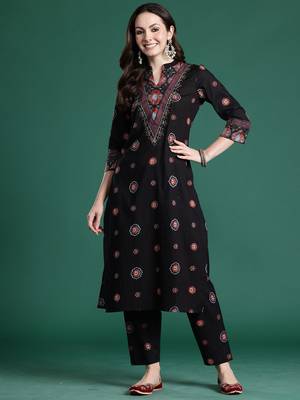 Black printed pure cotton kurta trouser set 1