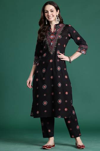 Black printed pure cotton kurta trouser set