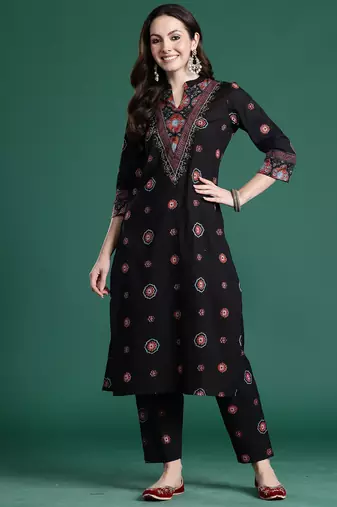 Black printed pure cotton kurta trouser set
