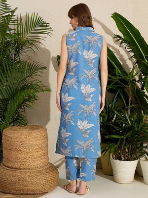 Blue printed linen kurta trouser set 3