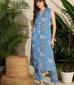 Blue printed linen kurta trouser set