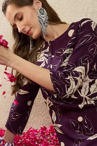 Purple printed viscose rayon kurta trouser set