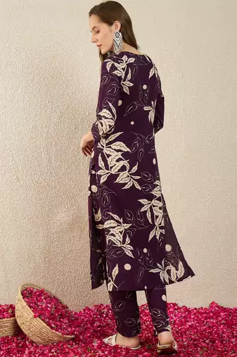 Purple printed viscose rayon kurta trouser set