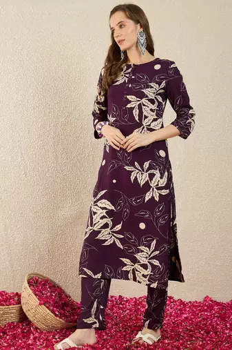 Purple printed viscose rayon kurta trouser set