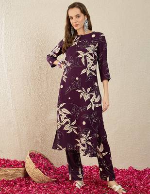 Purple printed viscose rayon kurta trouser set 1