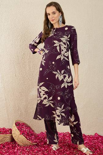 Purple printed viscose rayon kurta trouser set