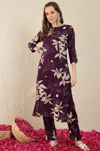 Purple printed viscose rayon kurta trouser set