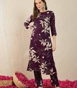 Purple printed viscose rayon kurta trouser set