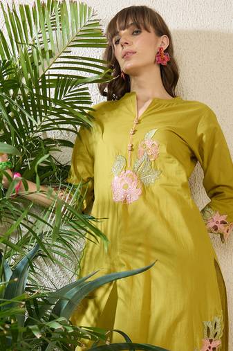 Green embroidered pure cotton kurta trouser set