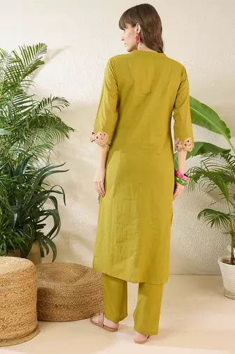 Green embroidered pure cotton kurta trouser set