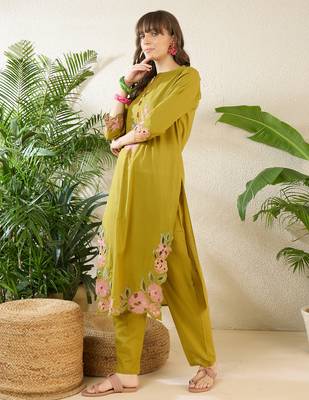 Green embroidered pure cotton kurta trouser set 1