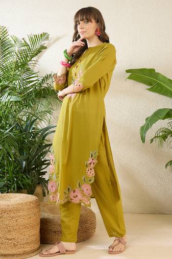 Green embroidered pure cotton kurta trouser set