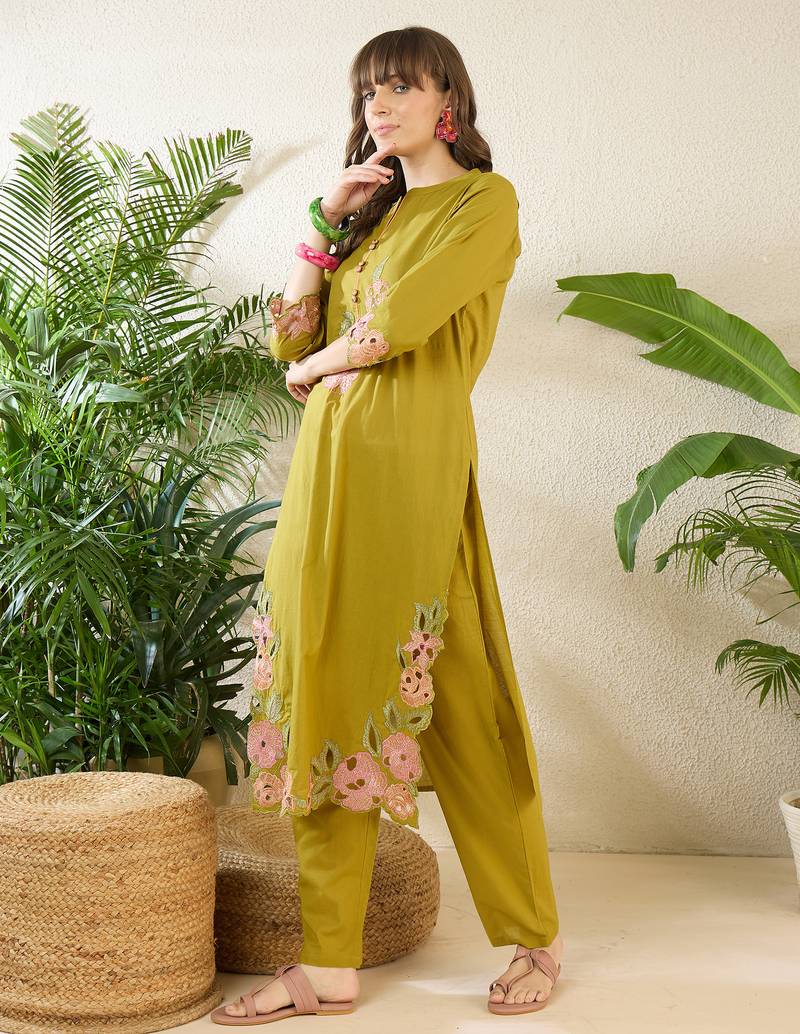 Green embroidered pure cotton kurta trouser set