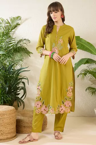 Green embroidered pure cotton kurta trouser set