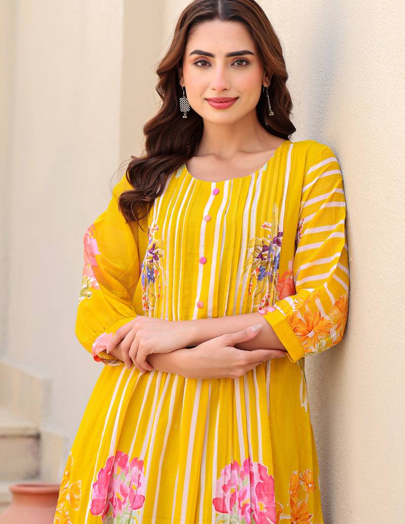 Mustard printed pure cotton kurta trouser set
