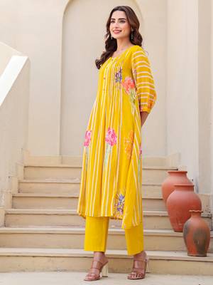 Mustard printed pure cotton kurta trouser set 4