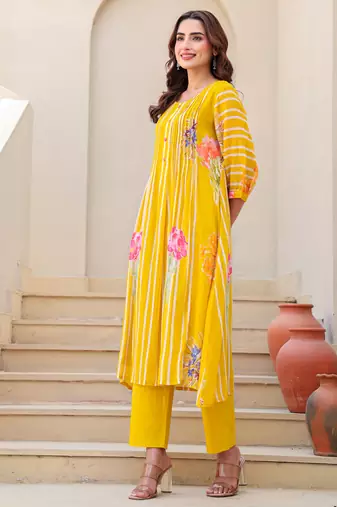 Mustard printed pure cotton kurta trouser set