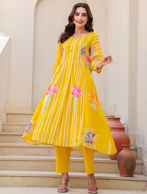 Mustard printed pure cotton kurta trouser set 1