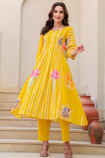 Mustard printed pure cotton kurta trouser set