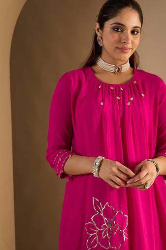 Pink embroidered silk kurta trouser set