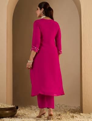 Pink embroidered silk kurta trouser set 2