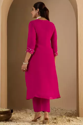 Pink embroidered silk kurta trouser set