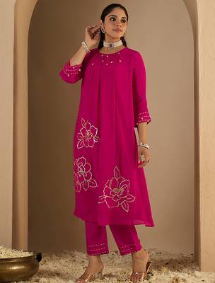 Pink embroidered silk kurta trouser set 3