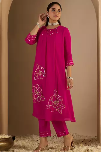 Pink embroidered silk kurta trouser set