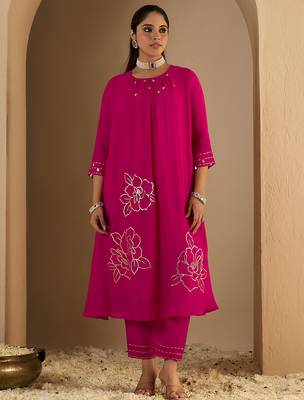 Pink embroidered silk kurta trouser set 4