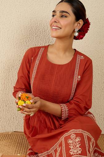 Orange embroidered pure cotton kurta trouser set