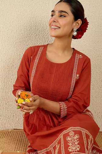 Orange embroidered pure cotton kurta trouser set