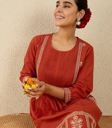 Orange embroidered pure cotton kurta trouser set