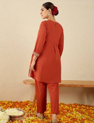 Orange embroidered pure cotton kurta trouser set 3