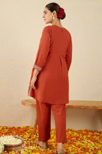 Orange embroidered pure cotton kurta trouser set