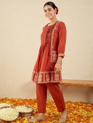 Orange embroidered pure cotton kurta trouser set 4