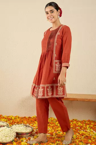 Orange embroidered pure cotton kurta trouser set