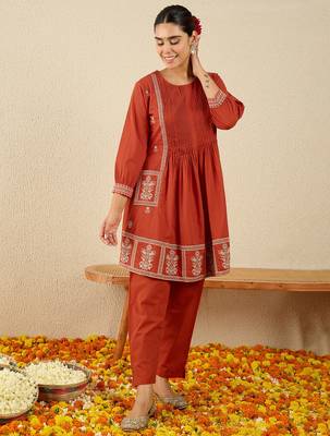 Orange embroidered pure cotton kurta trouser set 1