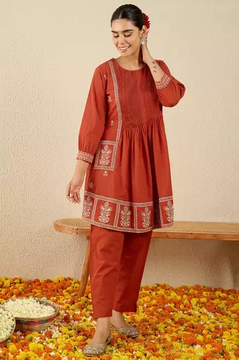 Orange embroidered pure cotton kurta trouser set