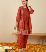 Orange embroidered pure cotton kurta trouser set