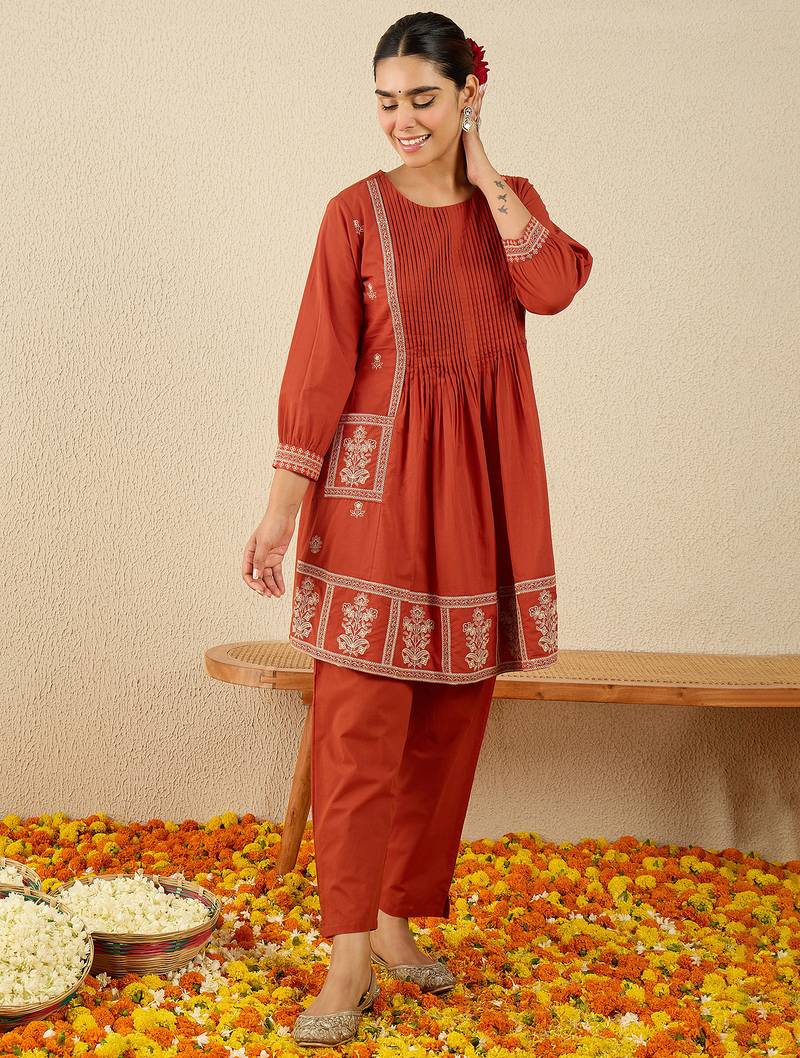 Orange embroidered pure cotton kurta trouser set