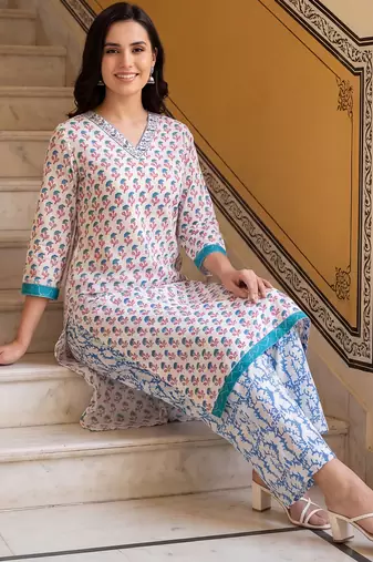 Blue printed pure cotton kurta trouser set
