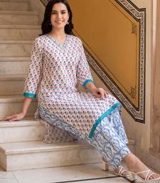 Blue printed pure cotton kurta trouser set