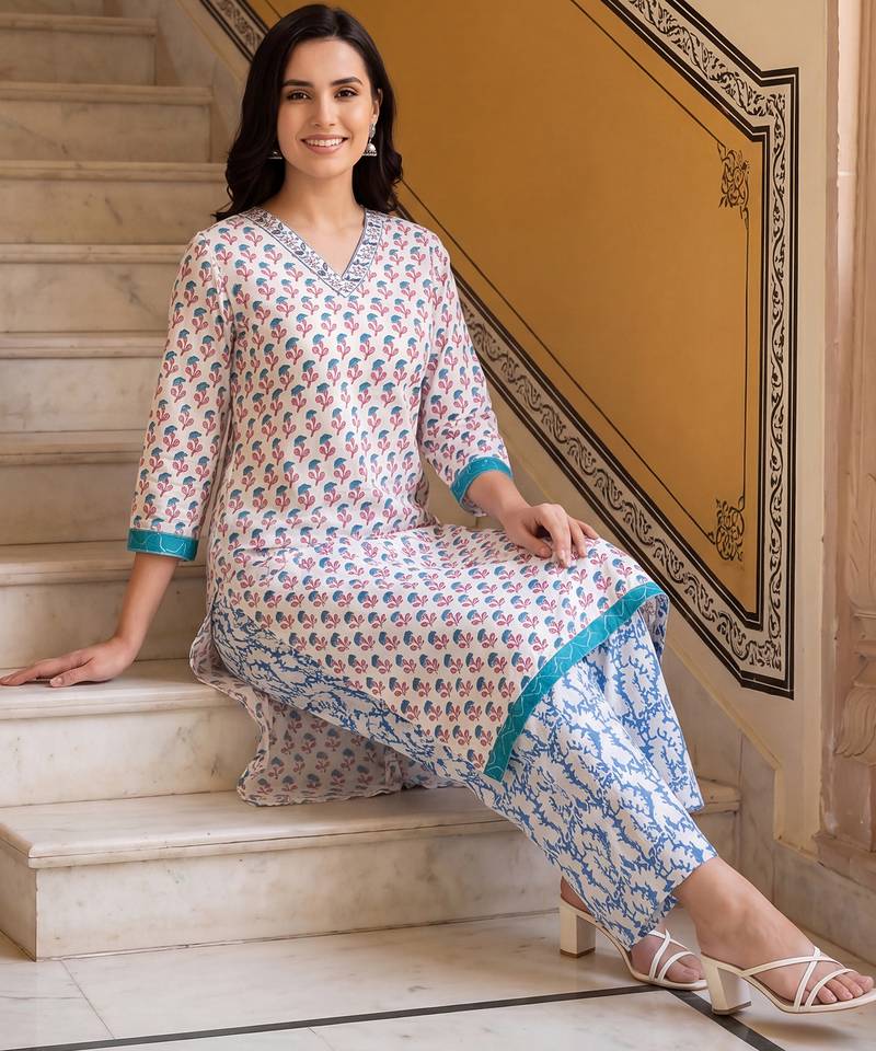 Blue printed pure cotton kurta trouser set